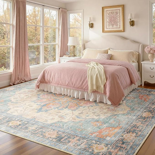Area Rugs 8'x10' Washable Non-Slip, Floral Vintage Distress Print Pattern Medallion Carpet for Living Room Bedroom Dining Room, Blue Orange Red