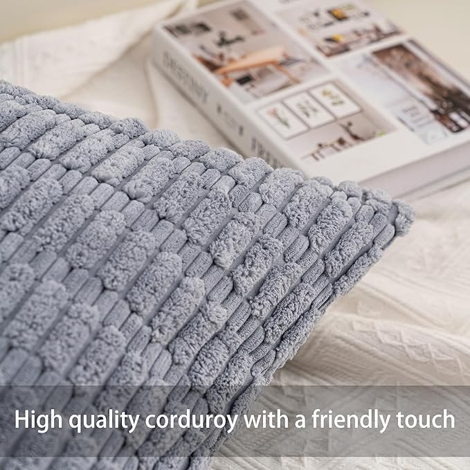 Corduroy Decorative Throw Pillow Covers 14x36 Inch Soft Striped Pillow Covers Modern Farmhouse Home Decor for Sofa Living Room Couch Bed（Light Grey）