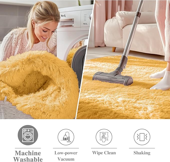 OLANLY Mustard Yellow Round Rugs for Bedroom - Machine Washable, 5 ft Circle Area Rugs for Living Room, Soft and Fluffy Shaggy Carpet for Teen Girl and Boys, Nursery Rooms, Dorms, Home Decor Aesthetic