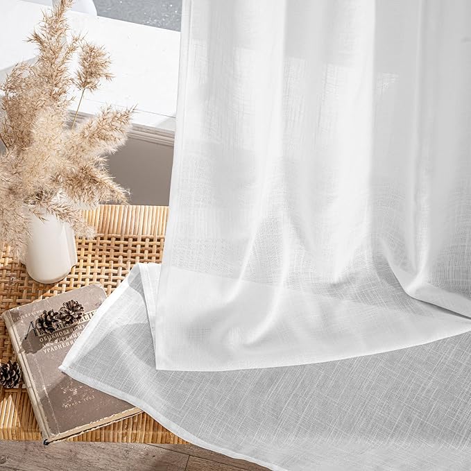 MIULEE White Linen Curtains 92 Inch Long 2 Panels for Bedroom Living Room, Soft Thick Linen Textured Back Tab Window Drapes Semi Sheer Light Filtering Rod Pocket Modern Farmhouse Decor