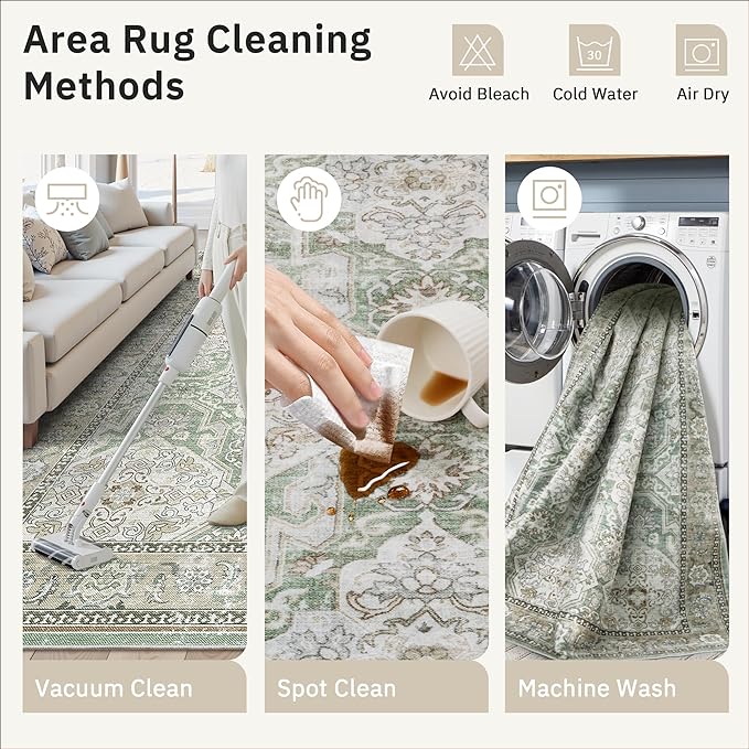 8x10 Area Rugs, Washable Rugs, Large Stain Resistant Area Rug for Living Room Bedroom Dining Room, Vintage Farmhouse Rug Green