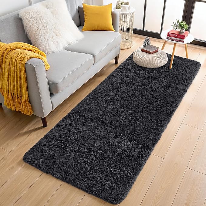 OLANLY 3x11 Machine Washable Runner Rugs for Hallway, Soft Fluffy Shaggy Bedside Rugs for Bedroom, Living Room, Indoor Floor Carpet for Kids Girls and Boys, Nursery Rooms, Home Decor Aesthetic, Black