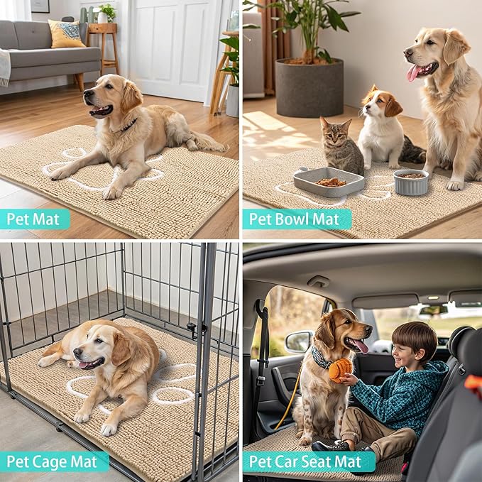 Smiry Dog Door Mat for Muddy Paws, Absorbent Dirt Trapper Non Slip Quick Dry Washable Chenille Mat for Mud Dogs, Entry Rug for Indoor and Outdoor (24x16 Inches, Beige and White)