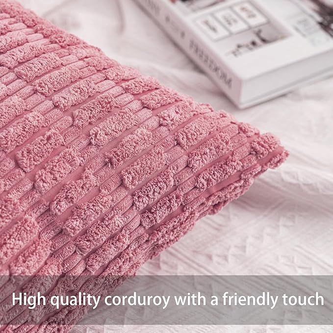 Pack of 2 Corduroy Decorative Throw Pillow Covers 16x16 Inch Soft Striped Pillow Covers Modern Farmhouse Home Decor for Sofa Living Room Couch Bed（Pink）
