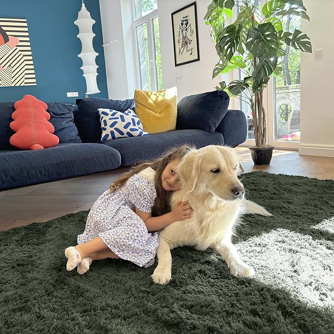 OLANLY 2x6 Machine Washable Runner Rugs for Hallway, Soft Fluffy Shaggy Bedside Rugs for Bedroom, Living Room, Indoor Floor Carpet for Kids Girls and Boys, Home Decor Aesthetic, Olive Green