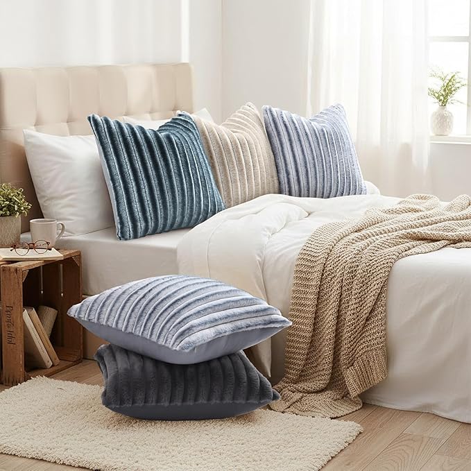 decorUhome Cozy Faux Fur Throw Pillow Covers 26x26 Set of 2 Decorative Soft Plush Striped Modern Farmhouse Boho Couch Euro Sham Pillow Cases with Velvet Back for Sofa Bed Living Room, Dark Grey