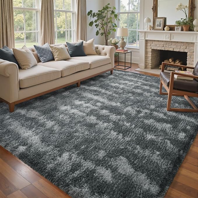 8x10 Ft Extra Large Shag Rugs for Living Room, Tie Dyed Ultra Soft Fluffy Furry Area Rugs for Bedroom Indoor Floor, Aesthetic Carpet for Kids Home Decor (Grey)
