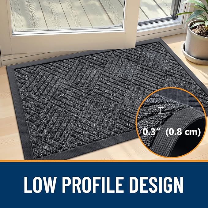OLANLY Front Door Mat Outside Entrance 29.5x17, Absorbent, Heavy Duty Sturdy Natural Rubber Doormat Indoor Outdoor, Stain Fade Resistant, Non-Slip Low Profile Floor Mat Entryway, Black Gray Diamond