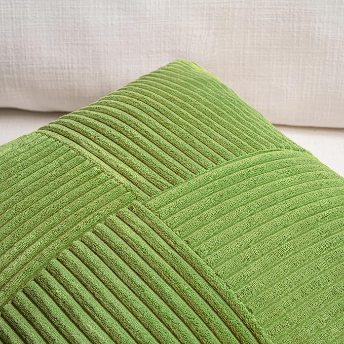 Fancy Homi Set of 2 Lime Green Big Decorative Throw Pillow Covers 24x24 Inch for Couch Bed Sofa, Modern Farmhouse Boho Home Decor, Soft Cross Corduroy Patchwork Accent Square Cushion Case 60x60 cm
