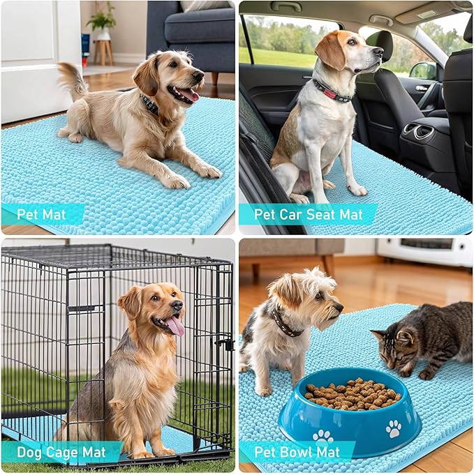 OLANLY Dog Door Mat for Muddy Paws 59x20, Absorbs Moisture and Dirt, Absorbent Non-Slip Washable Doormat, Quick Dry Chenille Mud Mat for Dogs, Entry Indoor Entryway Carpet for Inside Floor, Blue