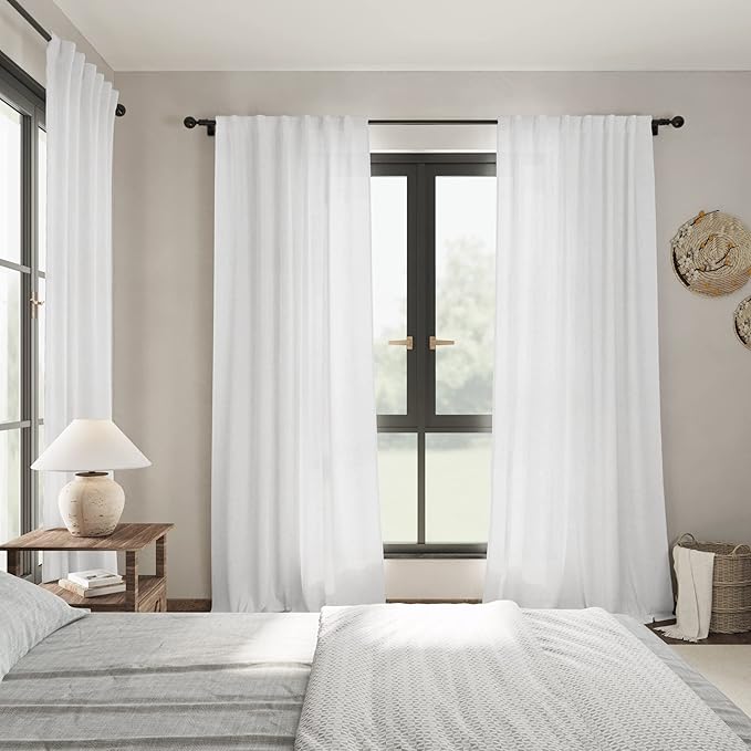 Nanspring White Linen Curtains 84 inches Long for Bedroom Back Tab Light Filtering Privacy Sheer Modern Farmhouse Coastal Decor Off Cotton Textured Gauze Curtain Living Room 2 Panel Set