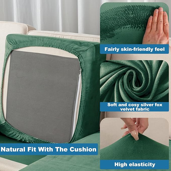 Couch Cover 6-Piece Elastic Velvet Couch Cushion Covers & Chaise Slipcovers for L-Shaped Sofas, Sofa Seat Covers Washable, Soft Cover for Couches (5 Seater + Chaise, Christmas Green)