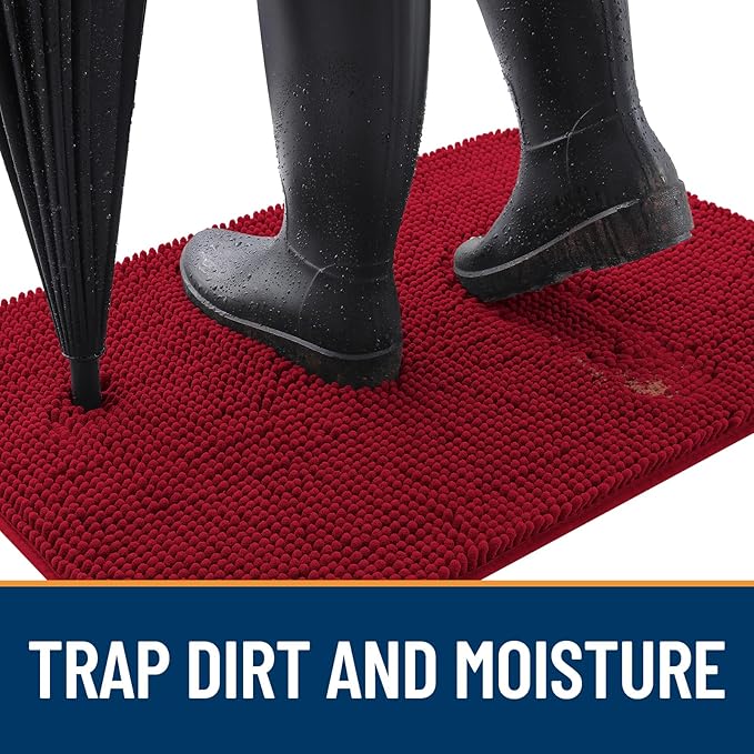OLANLY Dog Door Mat for Muddy Paws 44x32, Absorbs Moisture and Dirt, Absorbent Non-Slip Washable Doormat, Quick Dry Chenille Mud Mat for Dogs, Entry Indoor Entryway Carpet for Inside Floor, Red
