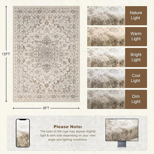 Area Rugs 9x12 Living Room Rug: Washable Rug Soft Vintage Distressed Floral Carpet Indoor Non-Slip Stain Resistant Large Carpets for Bedroom Dining Room Farmhouse Nursery Home Office Brown Beige