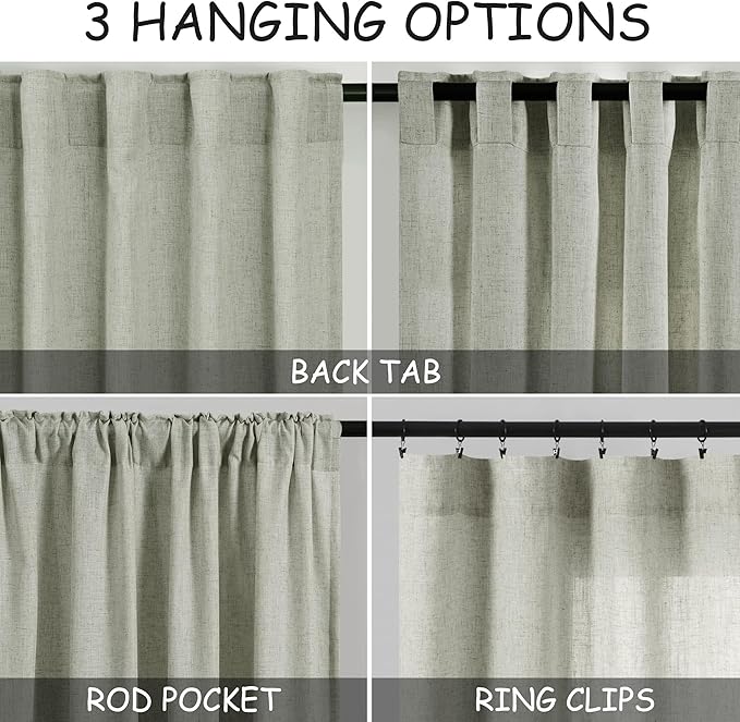 Green Linen Curtains 102 Inches Long for Living Room 2 Panel Set Back Tab Rod Pocket Sage Green Semi Sheer Curtains Light Filtering Burlap Extra Long Drapes Farmhouse Decor for High Window 40x102