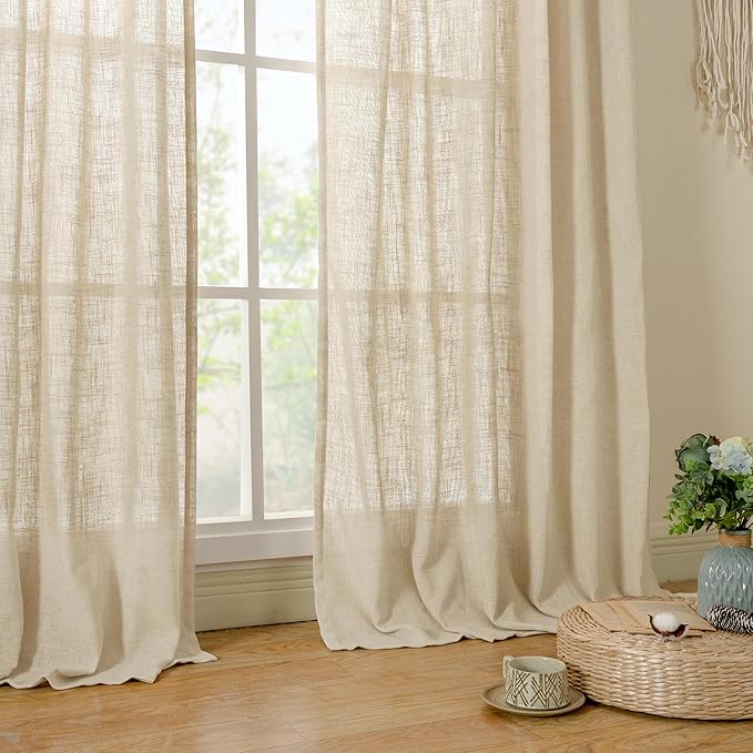 LAMIT Light Filtering Linen Curtains 78 inches Long for Bedroom, Faux Linen Textured Semi Sheer Back Tab and Rod Pocket Boho Modern Drapes for Living Room/Farmhouse, Linen, 2 Panels, 52 x 78 Inch