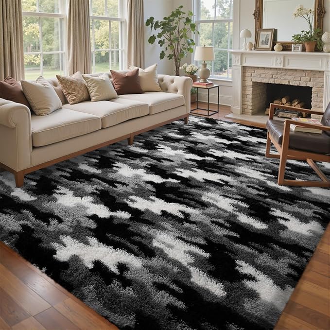 4x6 Ft Shag Rugs for Bedroom Living Room, Tie-Dyed Ultra Soft Fluffy Furry Area Rugs for Indoor Floor, Aesthetic Carpet for Kids Home Decor (Grey)