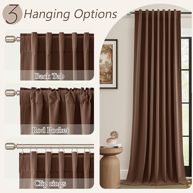Guken 100% Blackout Curtains 90 Inch Length 2 Panels Set for Living Room Bedroom Back Tab Thermal Insulated Black Out Linen Drapes Room Darkening Window Curtains 90 Inches Long,Rustic Brown