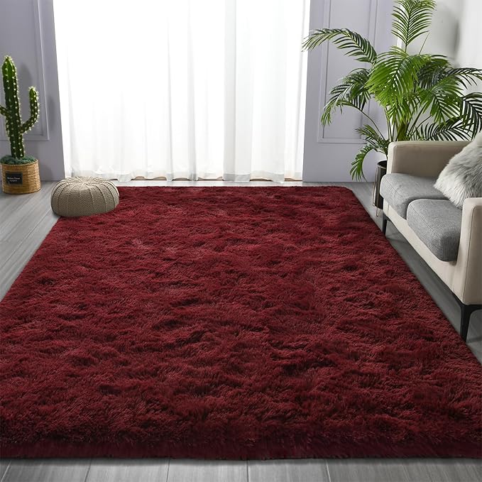 Deerhoo Large Shag Area Rugs 9 x 12, Plush Fuzzy Rugs for Living Room, Ultra Soft Fluffy Furry Rug for Bedroom, Indoor Carpet Nursery Rugs for Kids Room Home Decor, Burgundy