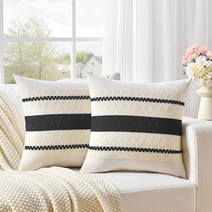 Fancy Homi Set of 1 Boho Black Euro Decorative Throw Pillow Cover 26x26 Inch for Couch Bed Bedroom, Aesthetic Modern Organic Farmhouse Room Decor, Soft Cotton Accent Macrame Woven Cushion Case