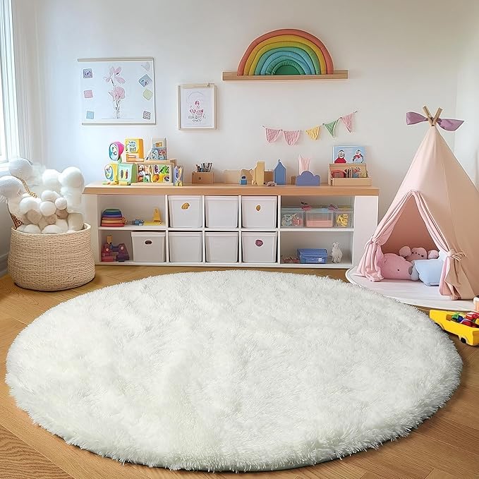 ONASAR Cream White Round Area Rug 4ft, Fluffy Ultra Soft Bedroom Circle Rugs Floor Mat for Kids Girls Boys Teen Room, Fuzzy Plush Shaggy Carpet for Nursery Living Room Playroom Dorm Home Decor