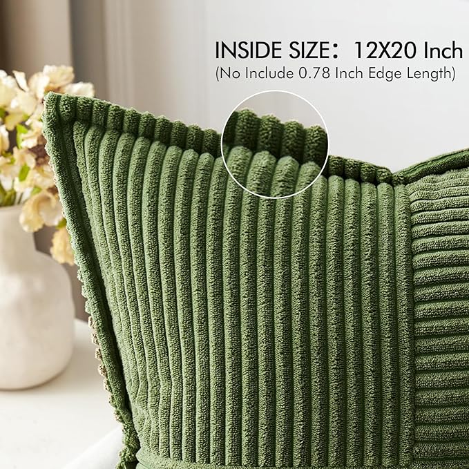MIULEE Spring Decorative Lumbar Throw Pillow Covers for Couch Bed Livingroom 12x20 Inch Set of 2 Moss Green Boho Accent Throw Pllows Broadside Striped Patchwork Soft Corduroy Summer Pillowcases
