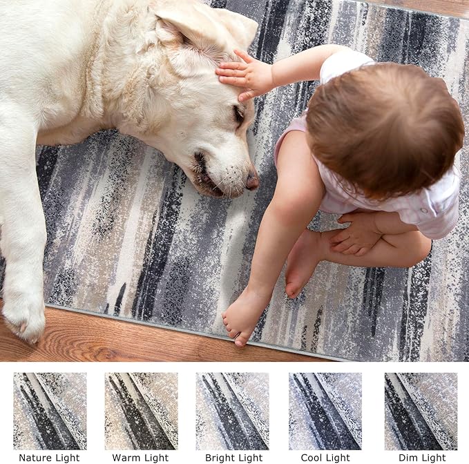 Lansny Modern Abstract Runner Rug 2.6x16, Grey Black Multi Washable Long Kitchen Runner Non-Slip Soft Hallway Rug Runner Thin Print Faux Wool Carpet for Entryway Bedroom Laundry Room Indoor Home Decor