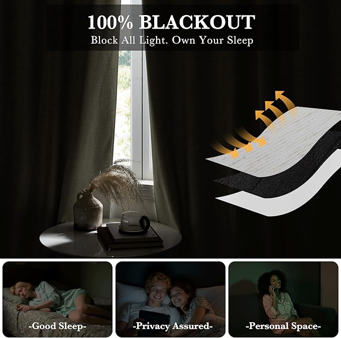 RYB HOME Ivory White 100% Blackout Curtains for Bedroom, Linen Drapes Back Tab&Rod Pocket, Thermal Insulated Privacy Assurd Curtains for Sliding Glass Doors/Dining/Living Room, W52 x L90, 2 Panels