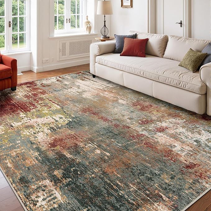 Washable Area Rugs 7'x9' Non-Slip Modern Abstract Soft for Living Room Entryway Bedroom Nursery, Print Pattern, Brown Rust Red Green Blue Multi