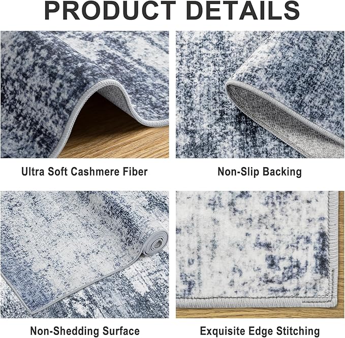 Area Rugs 10x12 Living Room - Washable Rug Modern Abstract Soft Large Neutral Non-Slip Carpet Indoor Floor Thin Carpets for Bedroom Dining Room Farmhouse Nursery Home Office Grey Blue