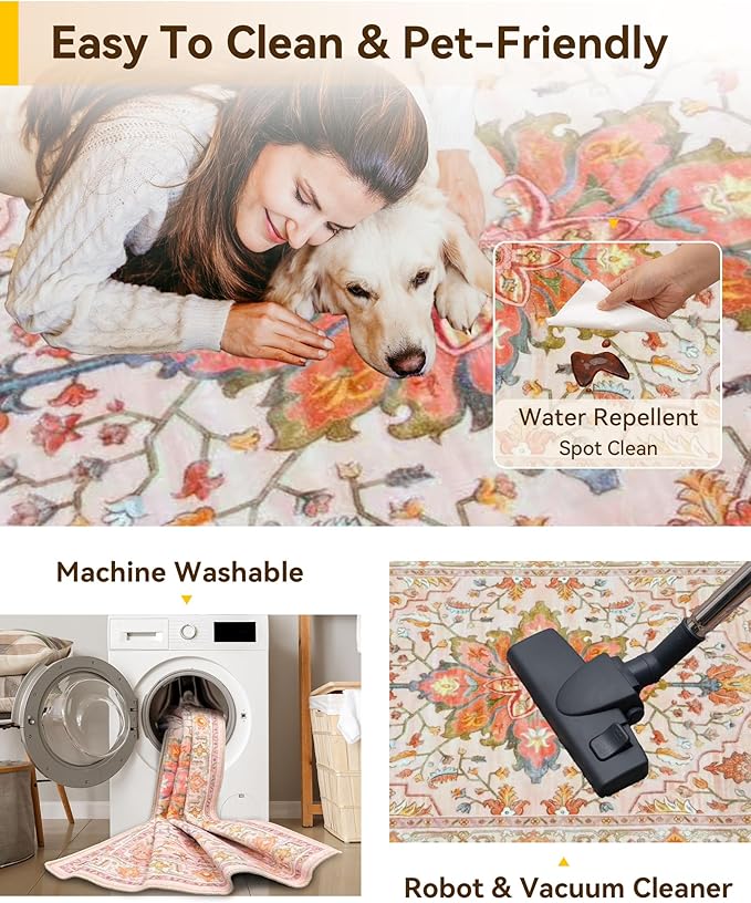 RELEANY Area Rugs 4'x6' Washable Non-Slip, Floral Vintage Distress Print Pattern Medallion Carpet for Living Room Bedroom Dining Room, Light Pink Colorful