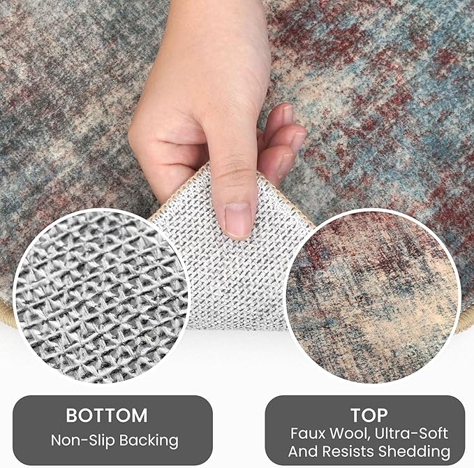 IOHOUZE Abstract Area Rugs 6x9 Ft Washable Rugs for Living Room, Non Slip Dining Room Rug, Printed Faux Wool Rugs for Bedroom, Floor Carpet for Office Nursery Playroom, Red/Multi