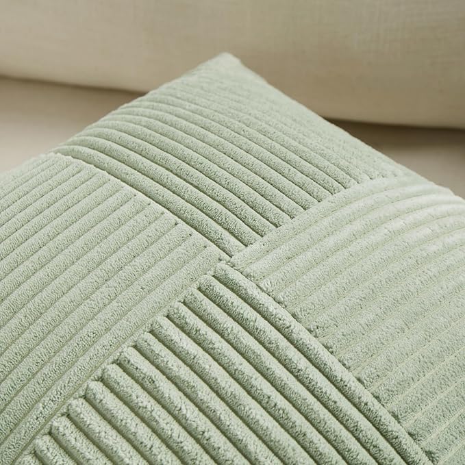 Fancy Homi 2 Packs Sage Green Lumbar Decorative Throw Pillow Covers 16x26 Inch for Living Room Couch Bed, Rustic Farmhouse Boho Home Decor, Soft Striped Corduroy Rectangle Accent Cushion Case 65x40 cm