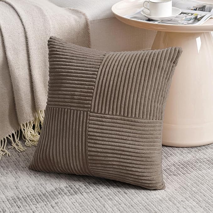 Fancy Homi Set of 2, Light Brown Patchwork Corduroy Decorative Soft Striped Modern Accent Cushion Case Farmhouse Boho Neutral Throw Pillow Covers for Chair Couch Bed Sofa Living Room 26x26 Inch