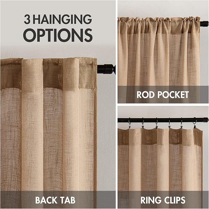 MIULEE Brown Linen Curtains 84 Inch Length for Bedroom Living Room, Soft Thick Linen Textured Window Drapes Semi Sheer Light Filtering Back Tab Rod Pocket Burlap Look, 2 Panels, 37x84 Inches