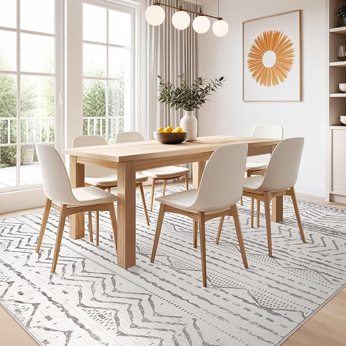Nakagishi 5x7 Area Rug Living Room: Machine Washable Boho Large Neutral Farmhouse Stain Resistant Indoor Floor Rugs Moroccan Carpet for Bedroom Nursery Dorm Classroom Playroom Dining Room- Grey White