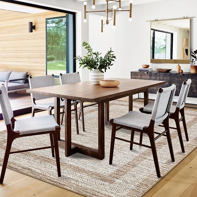 GarveeHome Modern Geometric Area Rug 4x6 Distressed Bordered Washable Non Slip Floor Carpet Non Shedding Thin Soft Low Pile Contemporary Brown Rug for Dining Room, Living Room