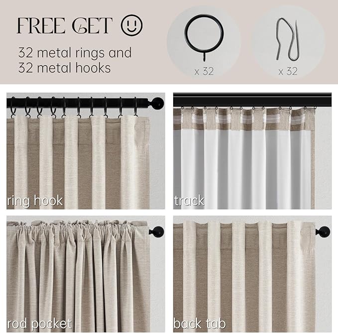 Topfinel 132 Inch Long Blackout Burlap Custom Curtains Natural Linen Tweed Pleated Window Coverings Nursery Winter Boho Farmhouse Heat Sound Block Back Tab Curtains for Large Bay Window