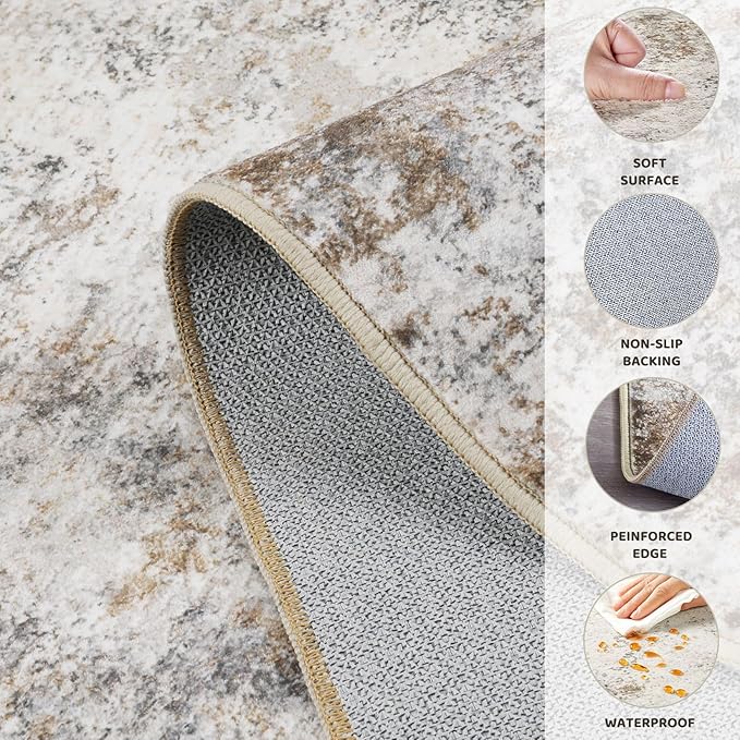 UERMEI 6ft Round Area Rug Living Room Rugs - 6x6 Washable Neutral Modern Abstract Soft Thin Rug Indoor Floor No Slip Rug Carpet for Bedroom Under Dining Table Home Office Decor - Brown Grey