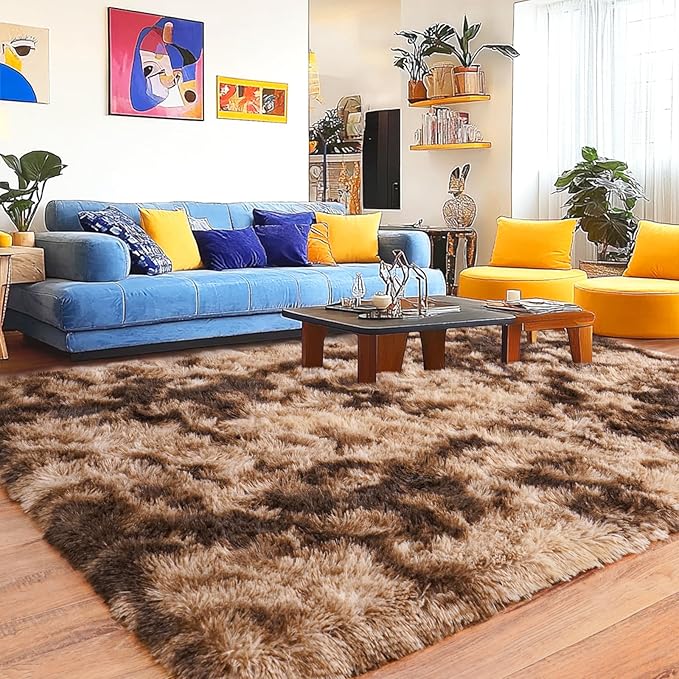 Pionblank Large Area Rug for Living Room 10x14, Fuzzy Modern Shag Rug Brown, Fluffy Plush Non Slip Soft Furry Carpet for Bedroom Kids Room Nursery Teens Dorm Home, Tie-Dyed Coffee