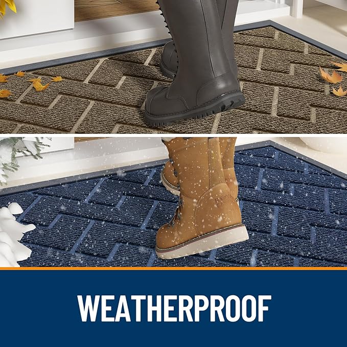 OLANLY Front Door Mat Indoor Outdoor Entrance, Waterproof All-Season, All-Weather Doormat, Sturdy Natural Rubber, Low Profile, Easy Clean Patio Porch Entryway Mat, Herringbone Brick (Blue, 59x35)