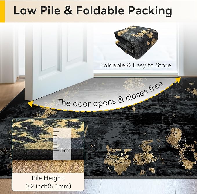 Washable Area Rugs 2'6''x8 Non-Slip Modern Abstract Soft for Living Room Entryway Bedroom Nursery, Print Pattern, Dark Black Gold