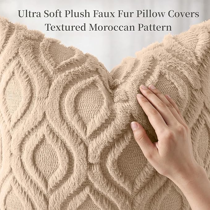 decorUhome Throw Pillow Covers 22x22 Inch Set of 2, Soft Plush Faux Wool Light Khaki Solid Couch Pillow Covers, Accent Euro Sham Farmhouse Neutral Square Pillow Cases for Sofa Bed Living Room