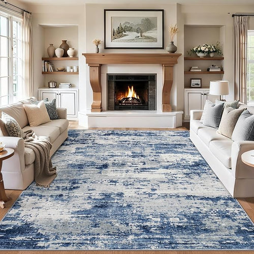 Area Rugs 9x12 Living Room - Washable Rug Modern Abstract Soft Large Neutral Non-Slip Carpet Indoor Floor Thin Carpets for Bedroom Dining Room Farmhouse Nursery Home Office Blue Gray