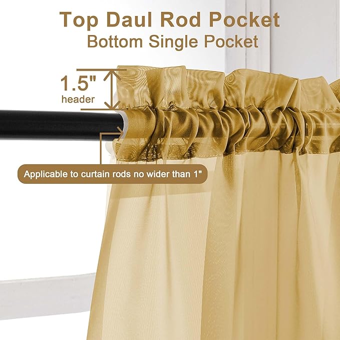 Chyhomenyc Gold Sheer Curtains 90 Inches Long 2 Panels, Light Filtering Gold Curtains for Living Room, Soft Gentle Voile Rod Pocket Bedroom Window Drapes, 59Wx90L Inch, 2PCS