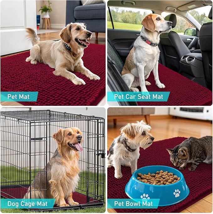 OLANLY Dog Door Mat for Muddy Paws 50x30, Absorbs Moisture and Dirt, Absorbent Non-Slip Washable Doormat, Quick Dry Chenille Mud Mat for Dogs, Entry Indoor Entryway Carpet for Inside Floor, Burgundy