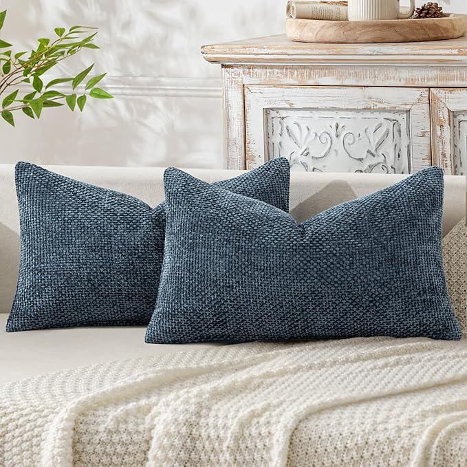 MIULEE Pack of 2 Lumbar Couch Throw Pillow Covers 20x12 Inch Coastal Navy Blue Modern Boho Accent Decorative Pillow Covers Soft Chenille Farmhouse Cushion Covers for Home Decor Bed Sofa Living Room