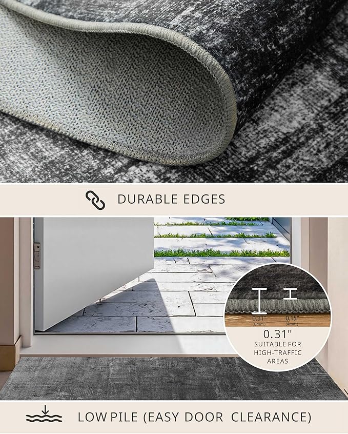 Latte&Fog 6x9 Area Rugs for Living Room Bedroom, Black Modern Abstract Neutral Washable Rug, Boho Non Slip Low Pile Carpet for Dining Room, Dorm,Classroom,College Dorm, Farmhouse and Kids Room - Black