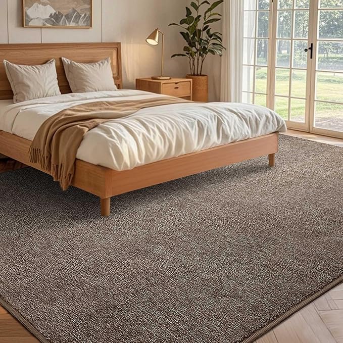FinRèc Low Pile 5x7 Washable Area Rugs for Bedroom Living Room, Thin Rug Solid Color, Non-Slip Carpet Indoor for Home Decor (Brown)