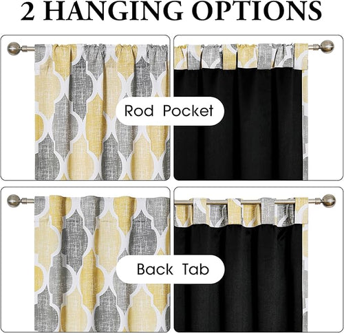 Beauoop 100% Blackout Curtains 63 Inches Long 2 Panels for Bedroom Living Room Yellow Grey Moroccan Geo Room Darkening Thermal Insulated Soundproof Rod Pocket Back Tab Window Treatments Drapes, 50x63